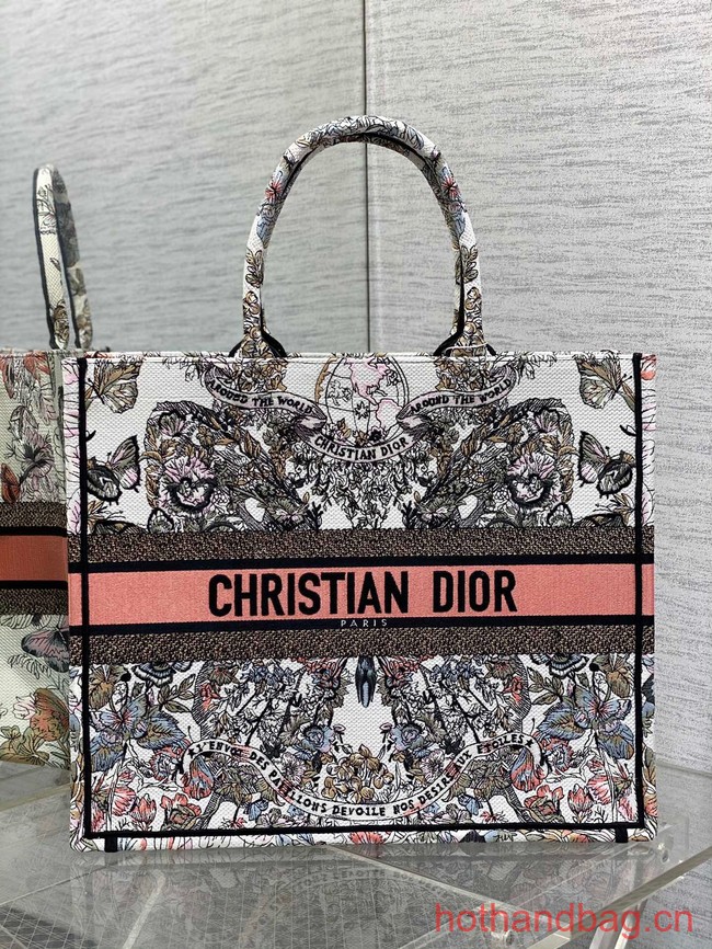 LARGE DIOR BOOK TOTE White and Pastel Pink Butterfly Around The World Embroidery M1286ZES