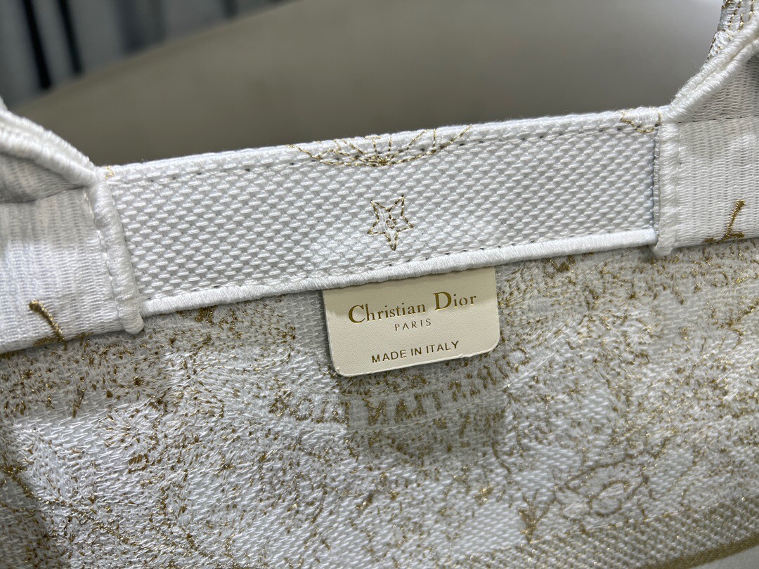 LARGE DIOR BOOK TOTE Gold-Tone and White Butterfly Around The World Embroidery M1286ZES