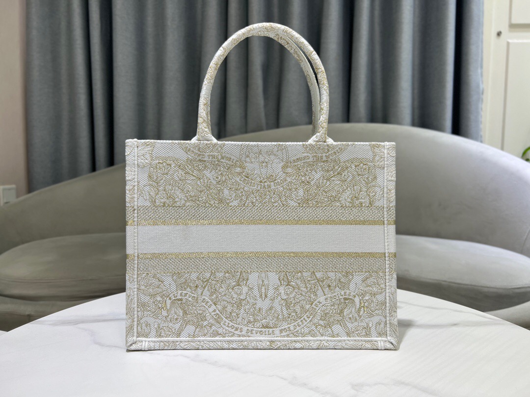 MEDIUM DIOR BOOK TOTE Gold-Tone and White Butterfly Around The World Embroidery M1296ZE