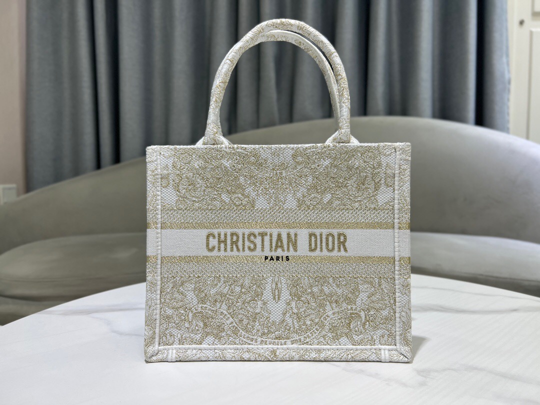 SMALL DIOR BOOK TOTE Gold-Tone and White Butterfly Around The World Embroidery M1296ZRf