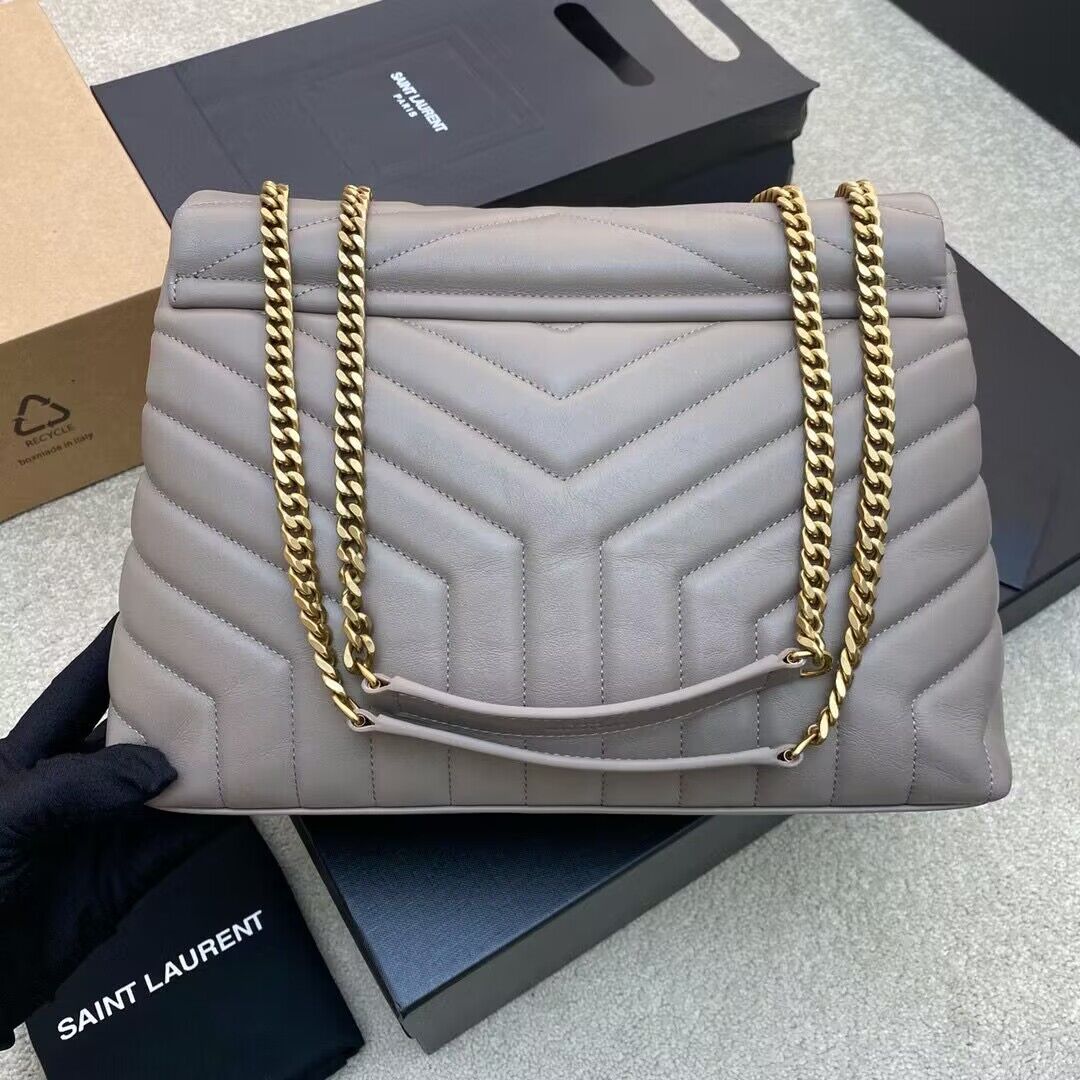 SAINT LAURENT Loulou Monogram Large quilted leather shoulder bag 392288 Light Gray Gold-Tone