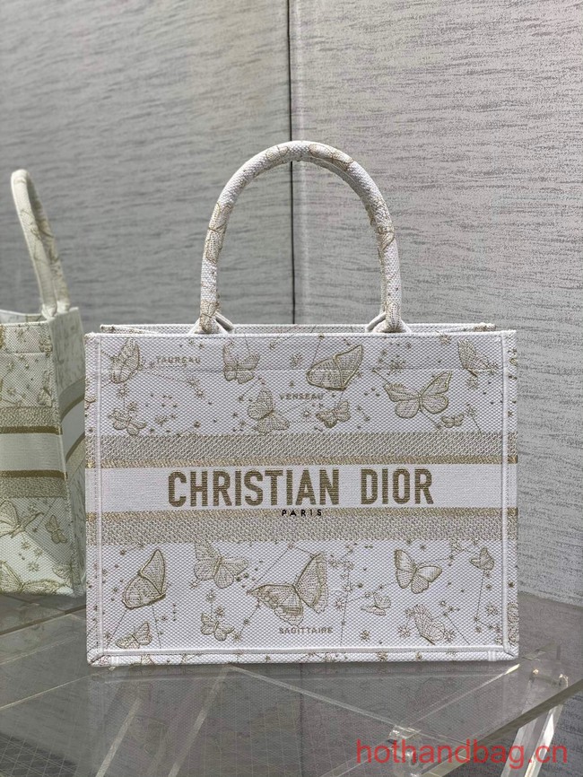 MEDIUM DIOR BOOK TOTE Gold-Tone and White Butterfly Zodiac Embroidery M1296ZESU