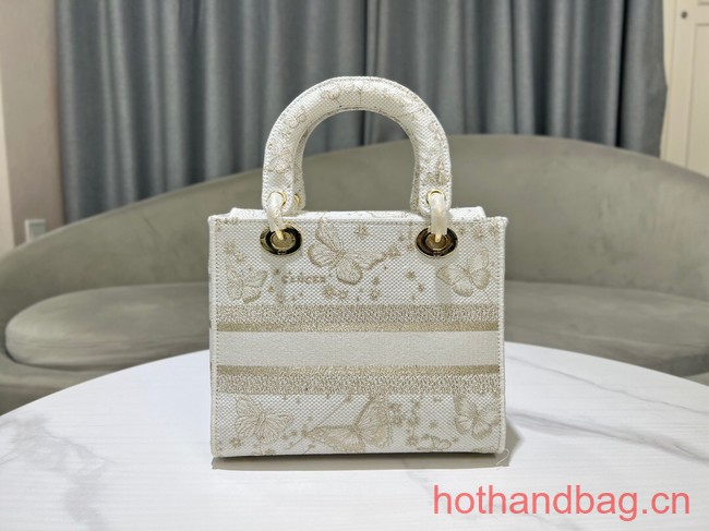 MEDIUM Dior LADY D-LITE BAG Gold-Tone and White Butterfly Zodiac Embroidery M0565OE