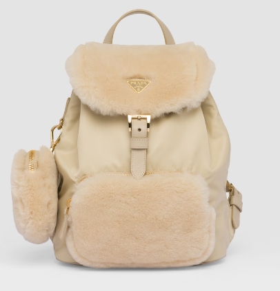 Prada Re-Nylon and shearling backpack 1BZ074 Desert Beige