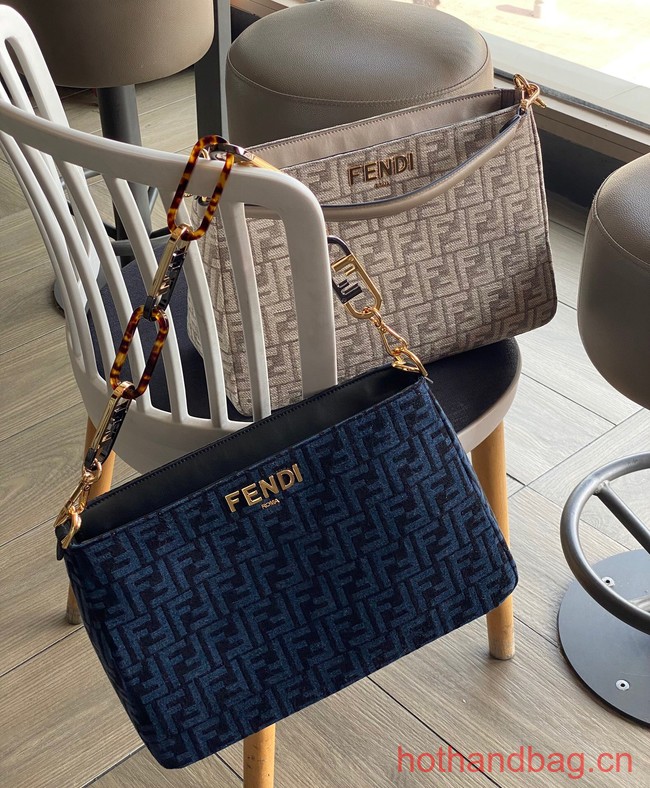 Fendi O Lock Zipper Brown FF jacquard fabric and leather bag F1068 blue