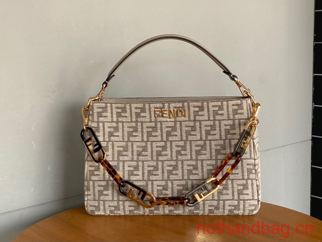 Fendi O Lock Zipper Brown FF jacquard fabric and leather bag F1068 gray