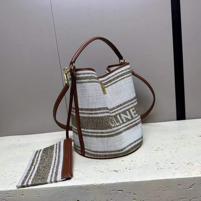 BUCKET 16 BAG IN STRIPED TEXTILE WITH CELINE JACQUARD AND CALFSKIN 195572 TOBACCO &TAN