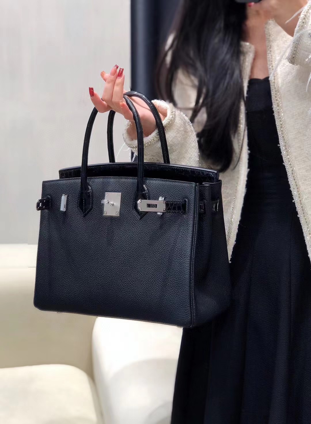 Hermes Birkin Bag Original Leather crocodile togo HBK2530 black&Silver