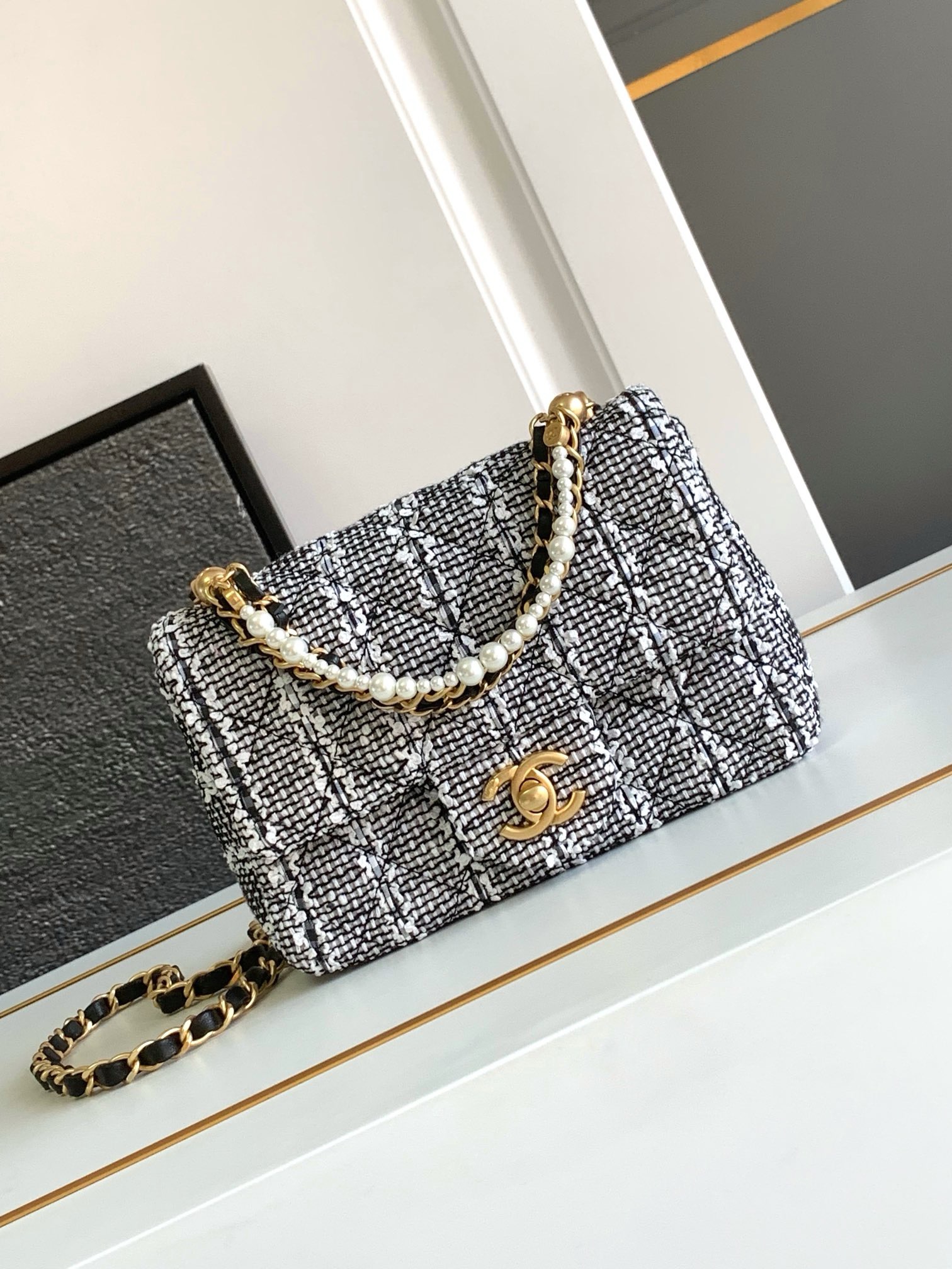 CHANEL MINI FLAP BAG Cotton Tweed AS4385 gray