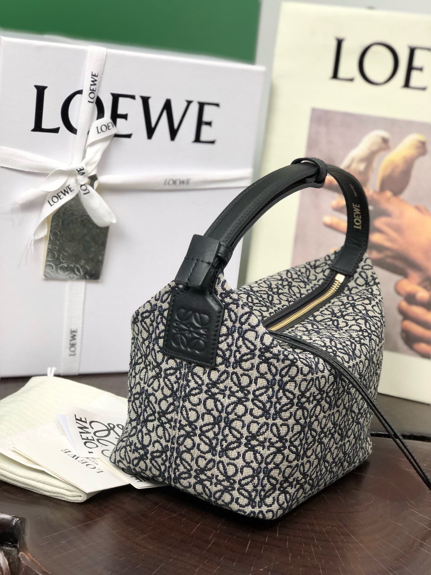 Loewe small Miniature Anagram Jacquard and cow leather bag 651421 black