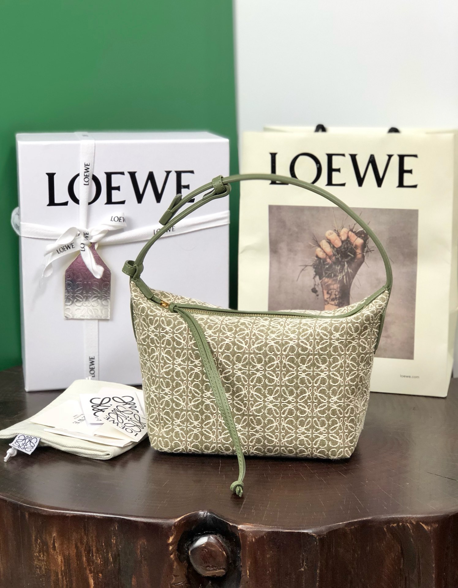 Loewe small Miniature Anagram Jacquard and cow leather bag 651421 green