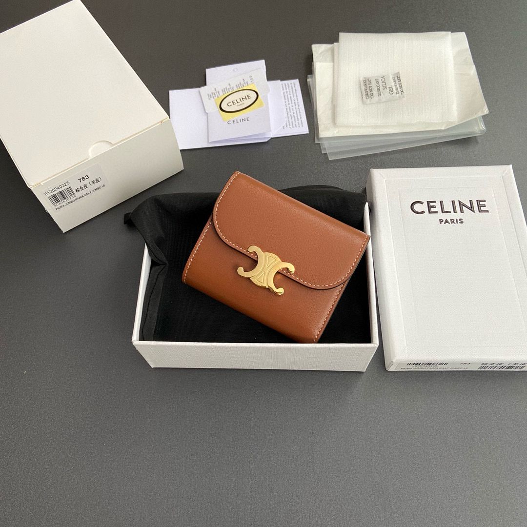 Celine SMALL WALLET TRIOMPHE IN SHINY CALFSKIN 10D783 BROWN