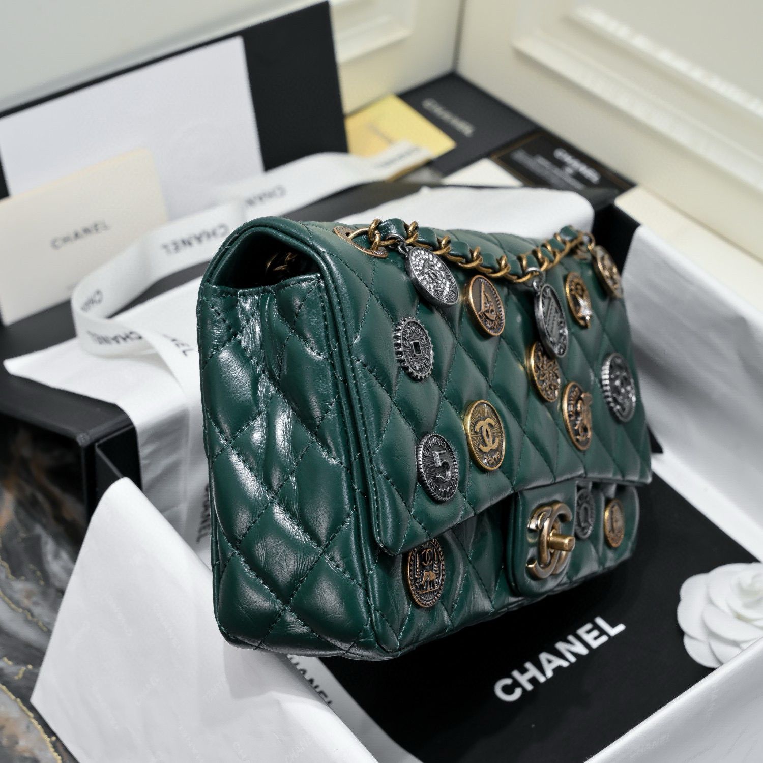 Chanel 2.55 Series Flap Bag Original Sheepskin Leather 92674 Dark Green Bronze-Tone