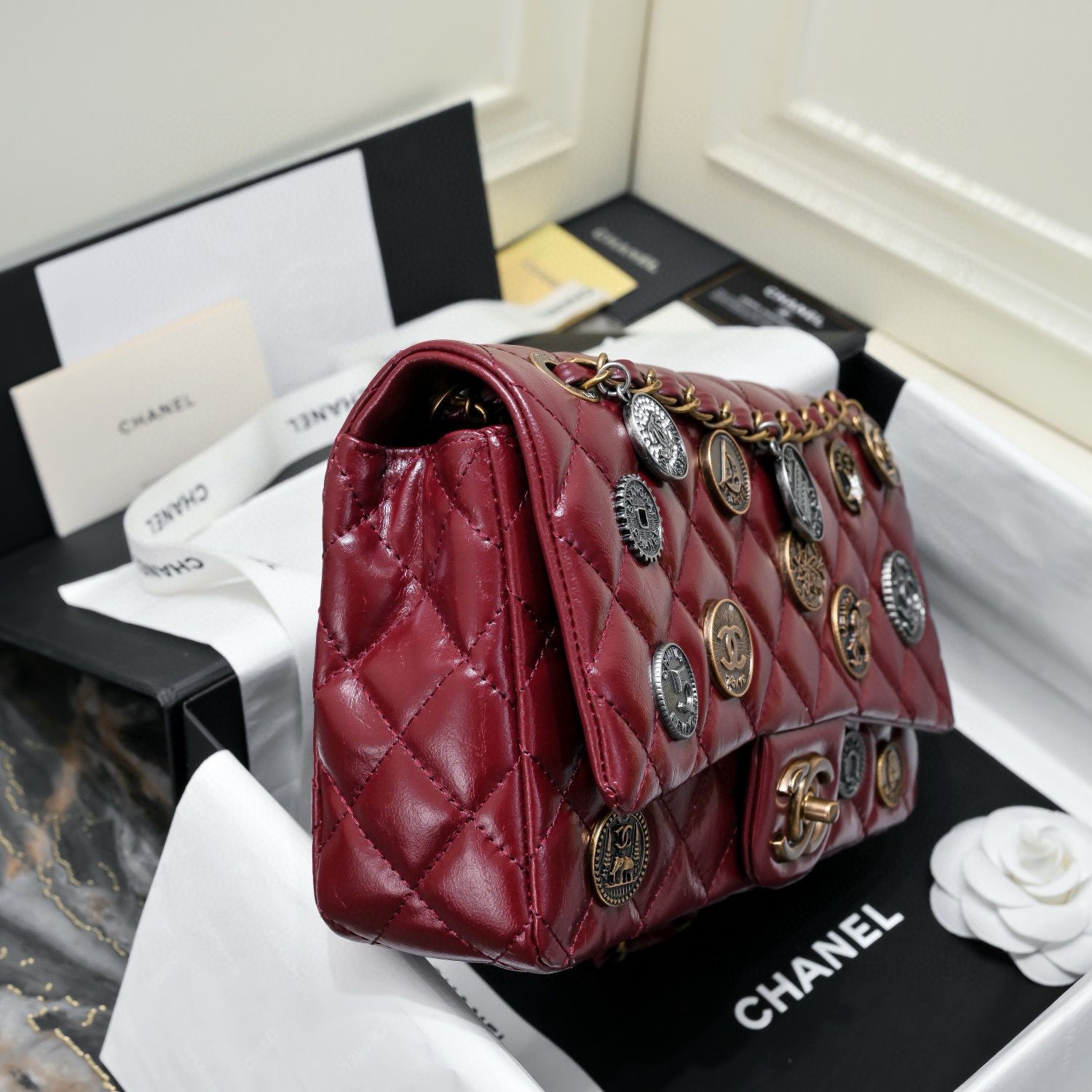 Chanel 2.55 Series Flap Bag Original Sheepskin Leather 92674 Wine Bronze-Tone