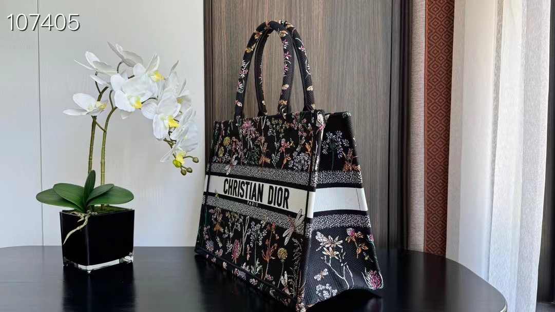 Medium Dior Book Tote Black Multicolor Dior Herbarium Embroidery M1296ZEG