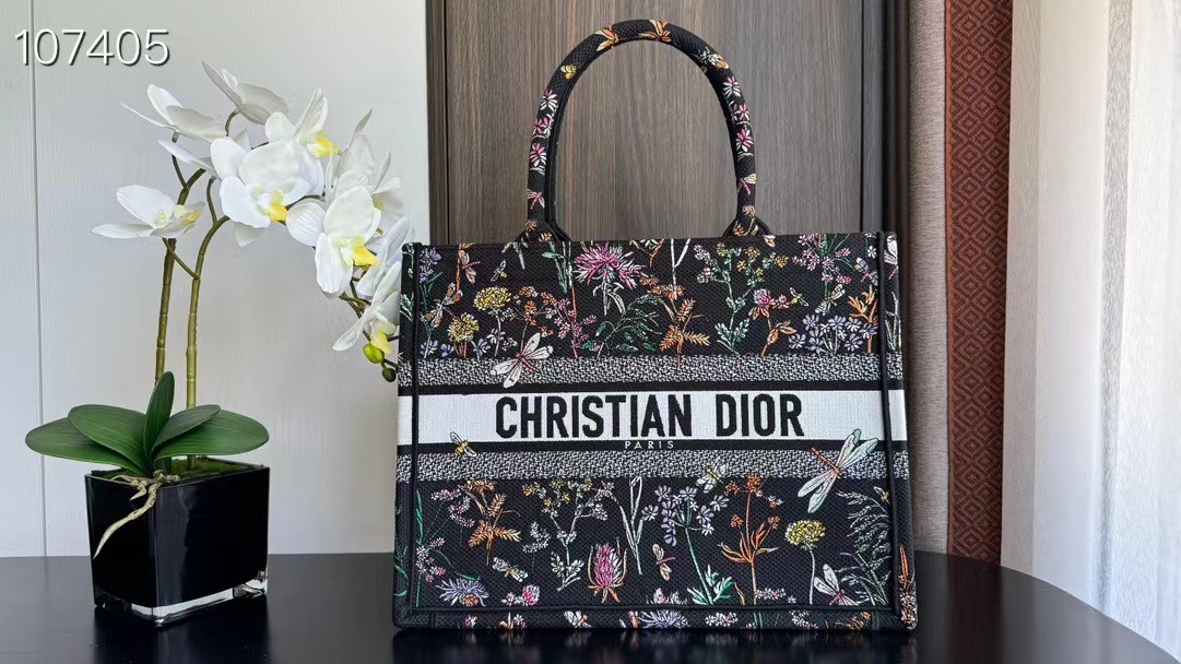 Medium Dior Book Tote Black Multicolor Dior Herbarium Embroidery M1296ZEG