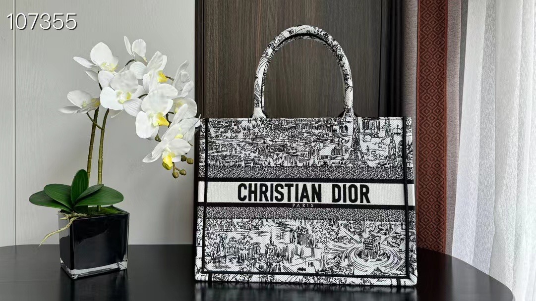 Medium Dior Book Tote White and Black Paris Allover Embroidery M1296ZEG