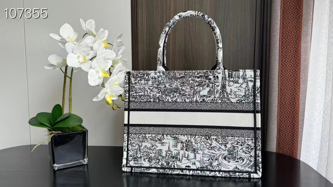 Medium Dior Book Tote White and Black Paris Allover Embroidery M1296ZEG