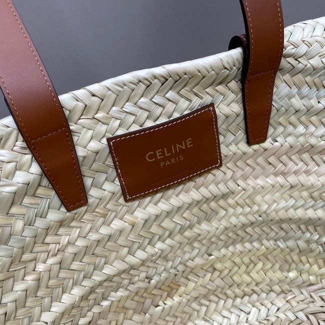 CELINE MEDIUM SUPPLE CELINE CLASSIC PANIER IN RAFFIA AND CALFSKIN 192622 TAN