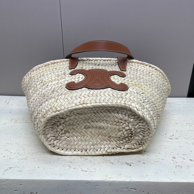 CELINE MEDIUM SUPPLE CELINE CLASSIC PANIER IN RAFFIA AND CALFSKIN 192622 TAN