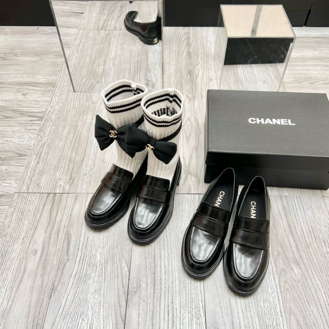 Chanel 2023 Socks Shoes Loafers 2CM Heels C85922 Black