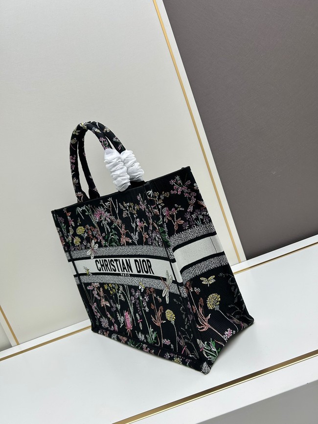 Large Dior Book Tote Black Multicolor Dior Herbarium Embroidery M1286ZE