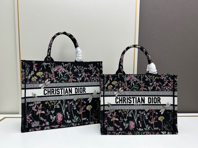 Large Dior Book Tote Black Multicolor Dior Herbarium Embroidery M1286ZE