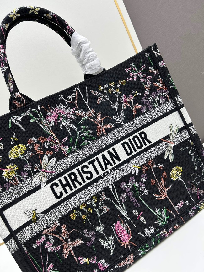 Large Dior Book Tote Black Multicolor Dior Herbarium Embroidery M1286ZE