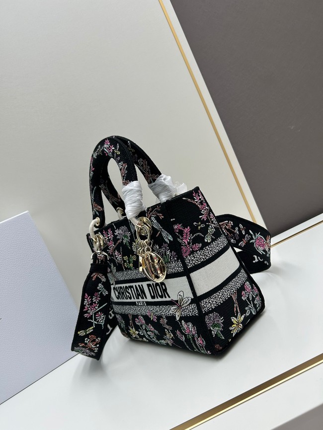 Medium Lady D-Lite Bag Black Multicolor Dior Herbarium Embroidery M0565OE