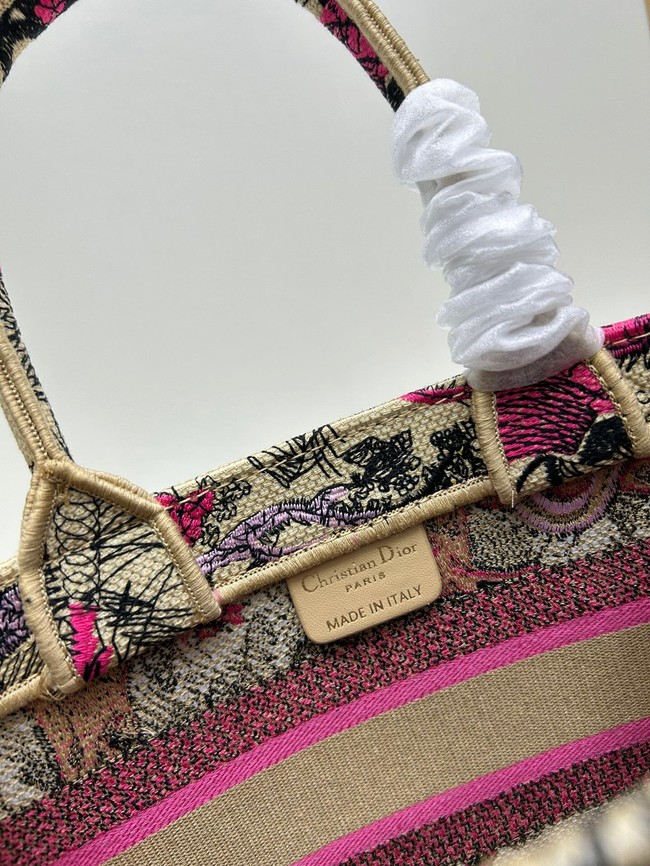 SMALL DIOR BOOK TOTE Raffia with Aquamarina Toile de Jouy Sauvage Embroidery M1296ZRf pink