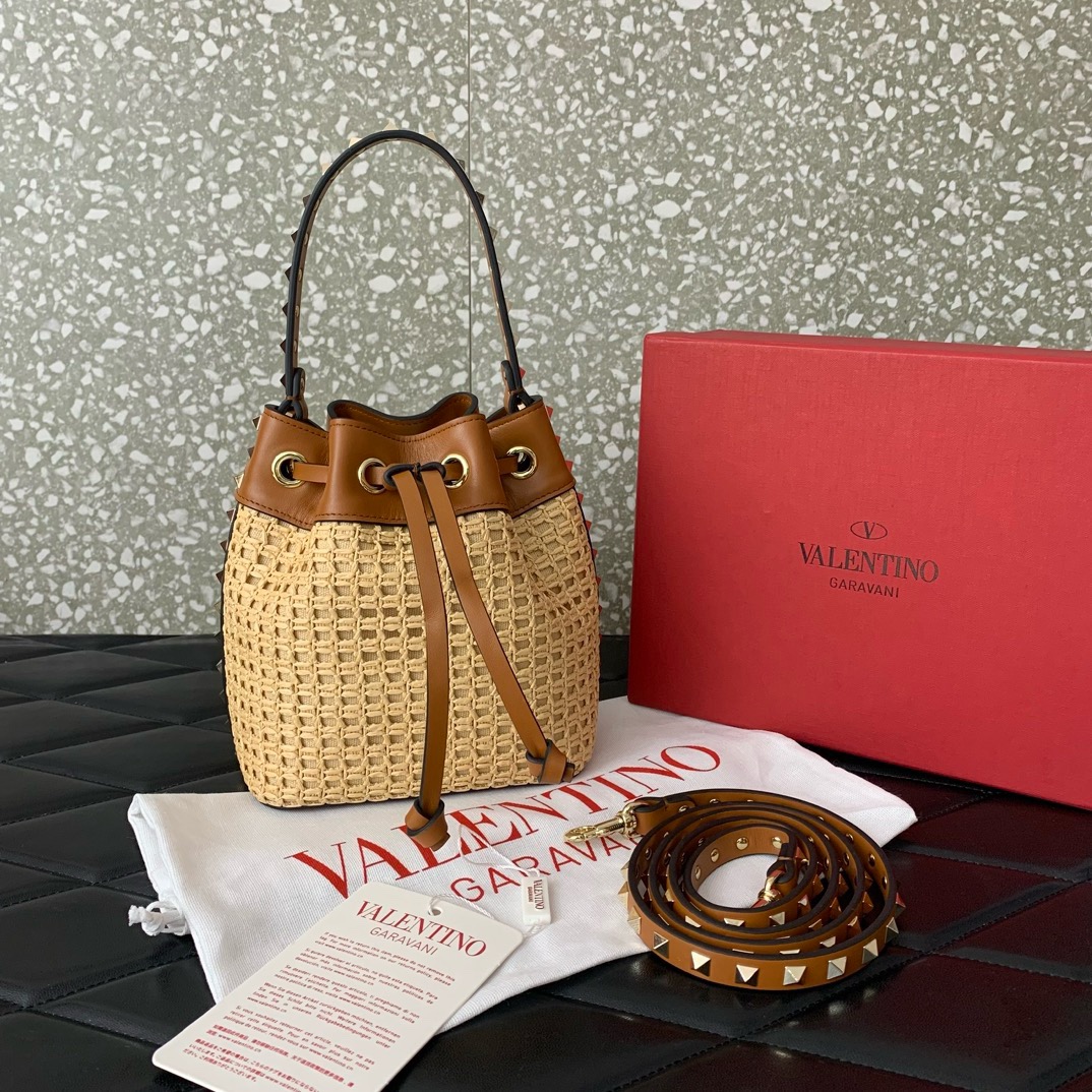 VALENTINO VLOGO SIGNATURE RAFFIA Mini Bucket Bag 03191 brown