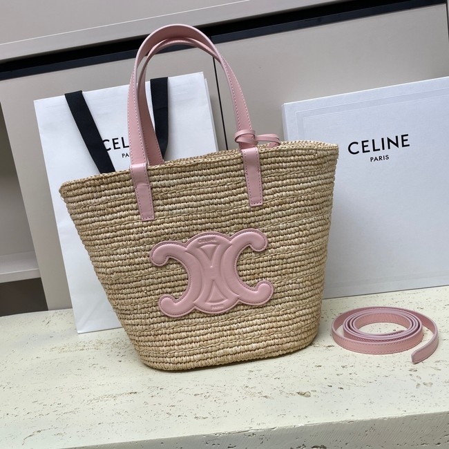 CELINE TEEN SUPPLE CELINE CLASSIC PANIER IN RAFFIA AND CALFSKIN 115802 PASTEL PINK