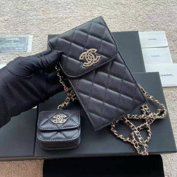 Chanel MINI FLAP PHONE CASE CAVIAR LEATHER BAG AP2742 BLACK