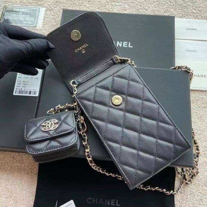 Chanel MINI FLAP PHONE CASE CAVIAR LEATHER BAG AP2742 BLACK