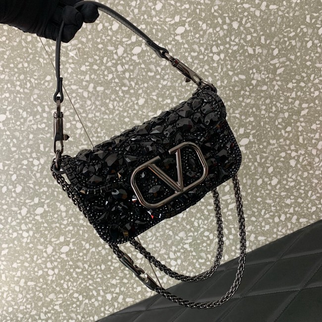 VALENTINO Super Mini Loco imitation crystal chain bag 6038 black