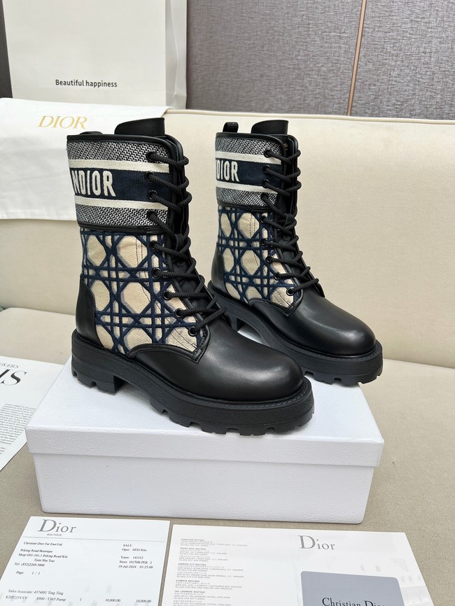 Dior D-Major Ankle Boot Black Calfskin with Deep Blue and Beige Embroidered Cannage Cotton KCI976C