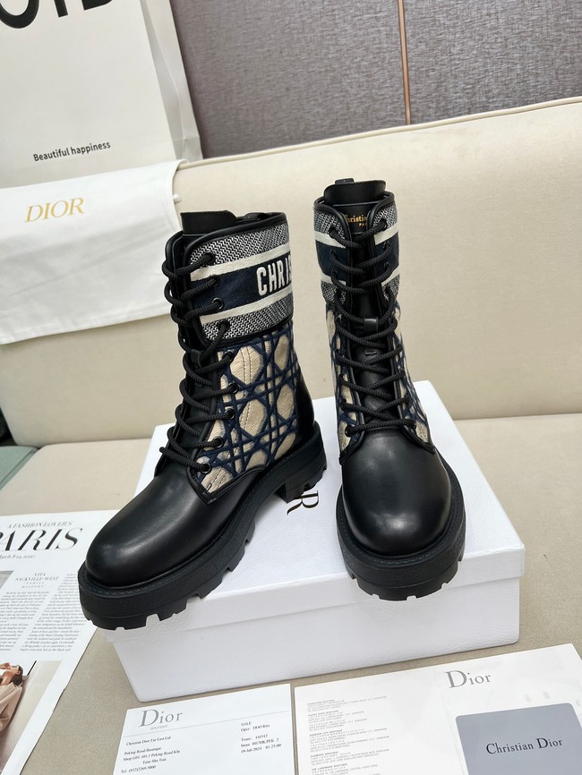 Dior D-Major Ankle Boot Black Calfskin with Deep Blue and Beige Embroidered Cannage Cotton KCI976C