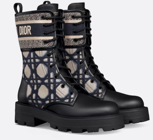 Dior D-Major Ankle Boot Black Calfskin with Deep Blue and Beige Embroidered Cannage Cotton KCI976C