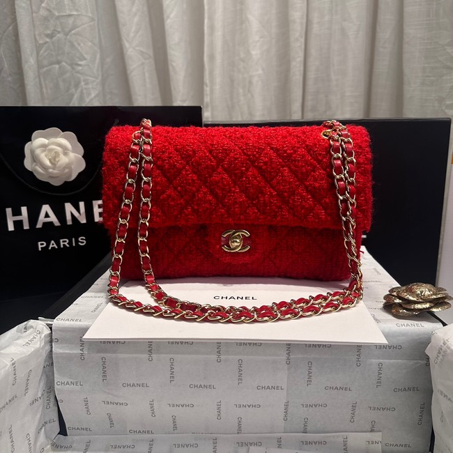 Chanel CLASSIC 11.12 HANDBAG Wool Tweed & Gold-Tone Metal A01112 Red