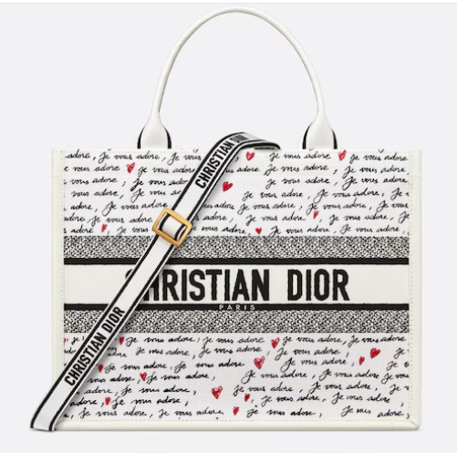 Dioramour Medium Dior Book Tote White Embroidery with Black and Red Je Vous Adore Motif and White Calfskin M1324CZBX