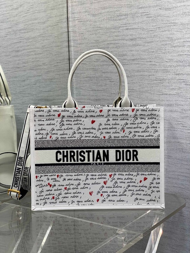 Dioramour Medium Dior Book Tote White Embroidery with Black and Red Je Vous Adore Motif and White Calfskin M1324CZBX