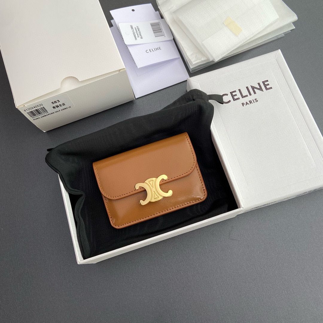 Celine Original Leather Triomphe Card Holder Wallet C583 Brown