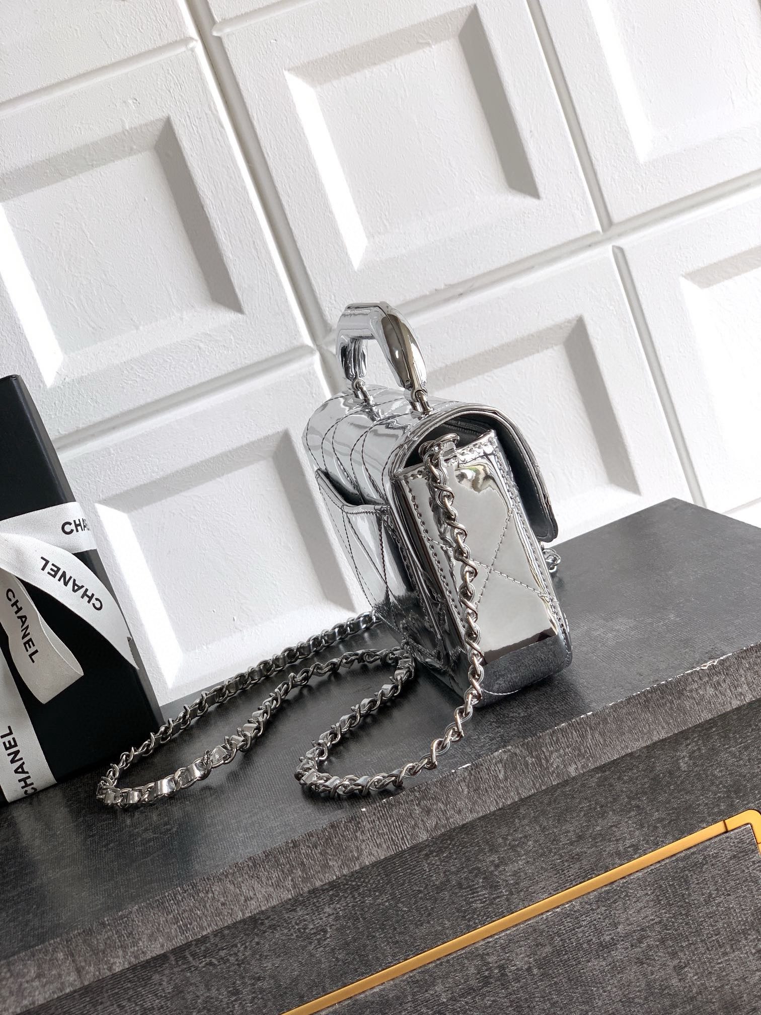 Chanel 25K Original Patent Leather Top Handle Bag  A6320 Silver