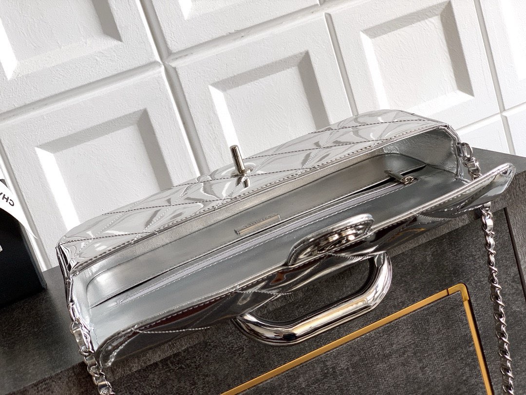 Chanel 25K Original Patent Leather Top Handle Bag A6321 Silver