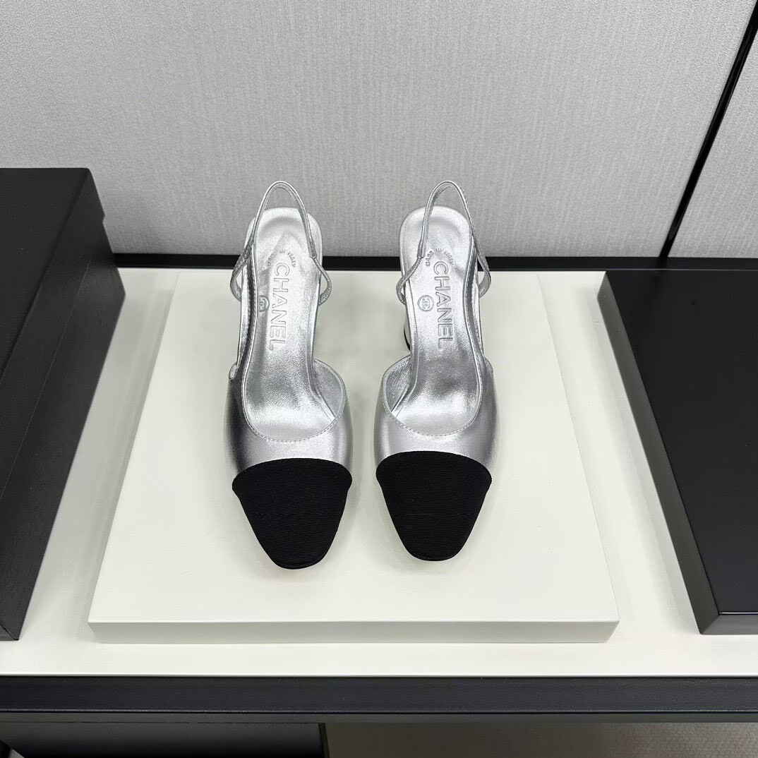 Chanel Sandals Calfskin Shoes 9CM Heels 63012 Silver