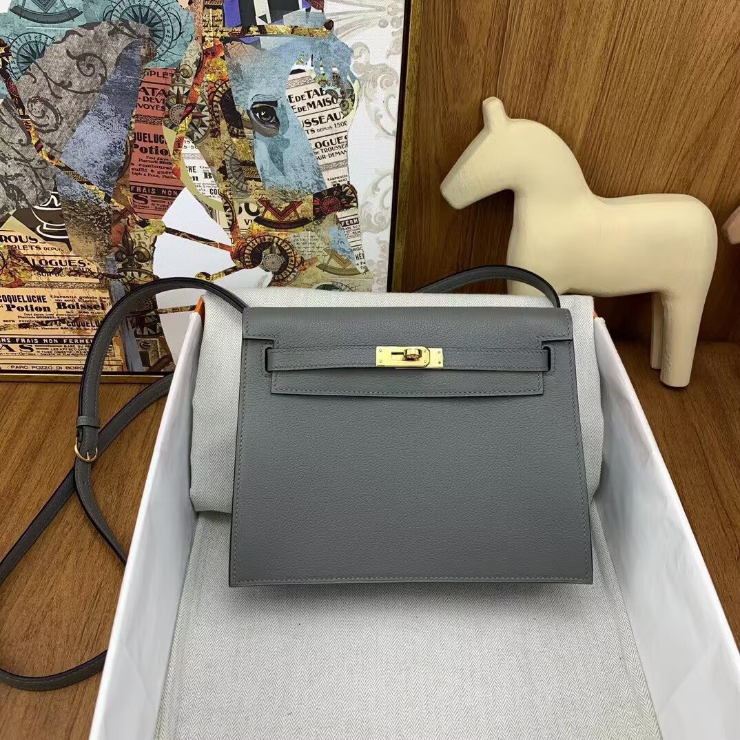 Hermes Kelly Danse Original Evercolor Leather 22CM KL22 Gray Gold-Tone