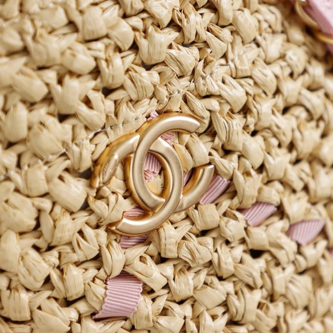 CHANEL Braided Straw Shoulder Bag AS5955 Apricot and pink
