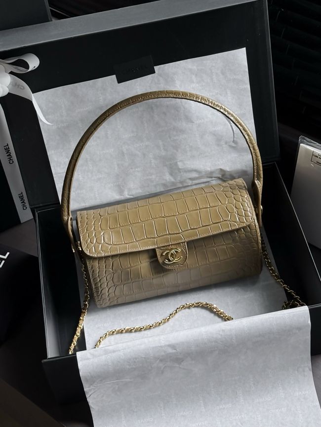 Chanel Clutch with chain Crocodile Embossed AP5294 Dark Khaki
