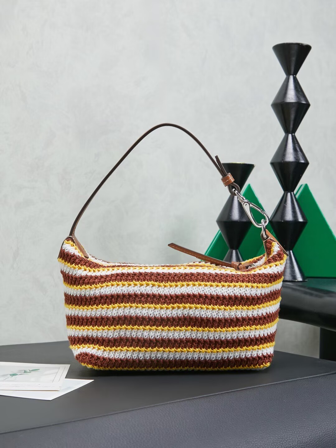 Miumiu Rainbow Weaving Top handle bag 5NE841 Brown&Yellow&White Fabric