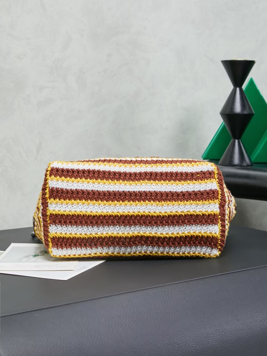 Miumiu Rainbow Weaving Top handle bag 5NE841 Brown&Yellow&White Fabric